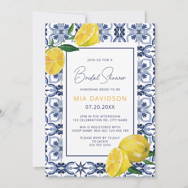 Invitation Carrelage bleu et citron Fête des mariées d'été (Devant)