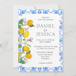 Invitation Carrelage bleu italien aquarelle citron mariage