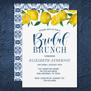 Invitation Carrelage bleu italien Aquarelle Lemon Bridal Brun