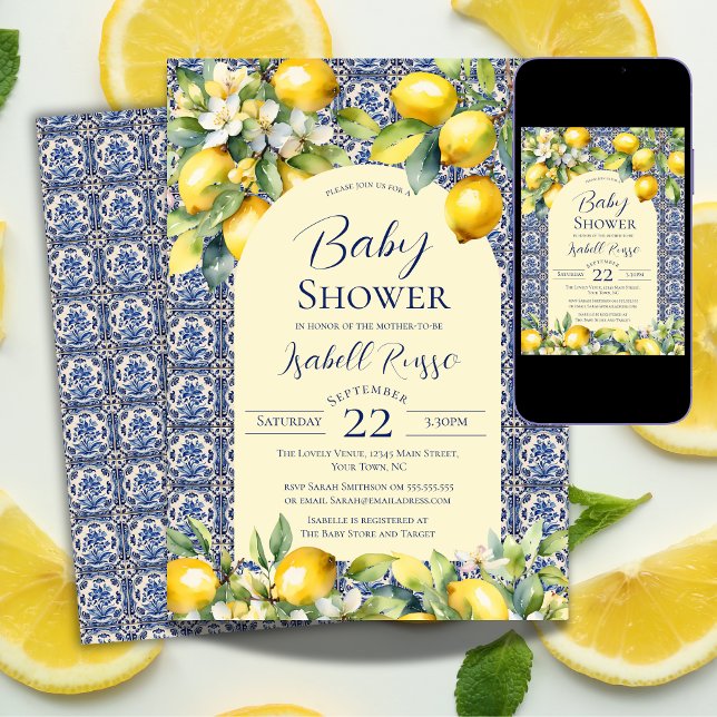 Invitation Carrelage bleu italien Baby shower citron d'aquare (Créateur téléchargé)