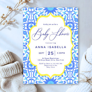 Invitation Carrelage bleu italien Baby shower de cadre jaune