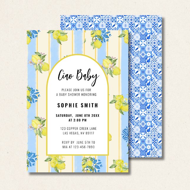 Invitation Carrelage bleu italien, Ciao Baby, citrons (Créateur téléchargé)