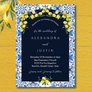 Invitation Carrelage bleu italien Citron Mariage méditerranée