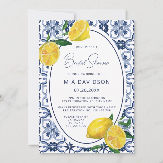 Invitation Carrelage bleu italien Citrus Lemon Fête des marié (Devant)