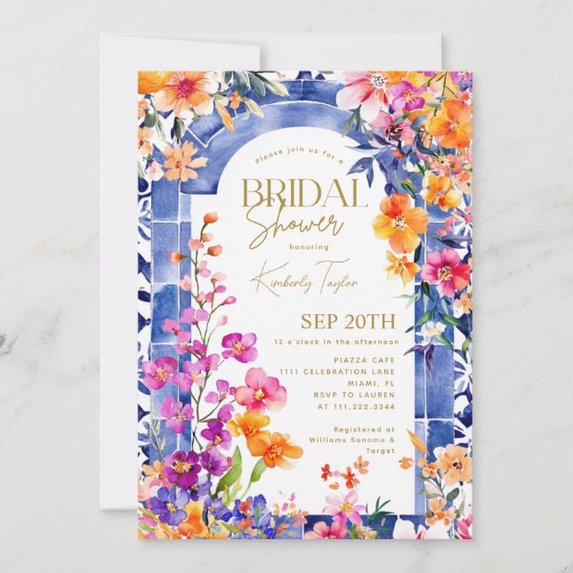 Invitation Carrelage bleu italien Fête des mariées florale br (Devant)