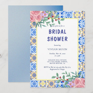 Invitation Carrelage bleu italien Fête des mariées méditerran