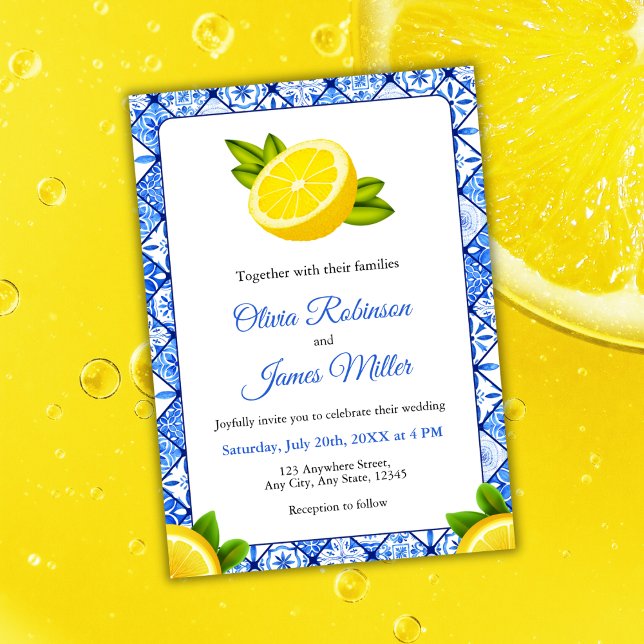 Invitation Carrelage bleu italien méditerranéen - Mariage cit (Mediterranean Italian Blue Tile - Lemon Wedding Invitation )