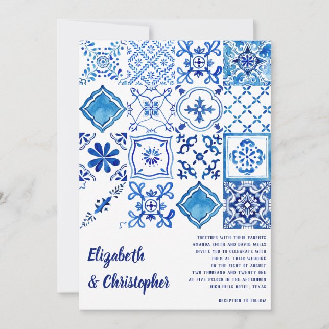 Invitation Carrelage bleu méditerranéen Aquarelle moderne Ita (Devant)