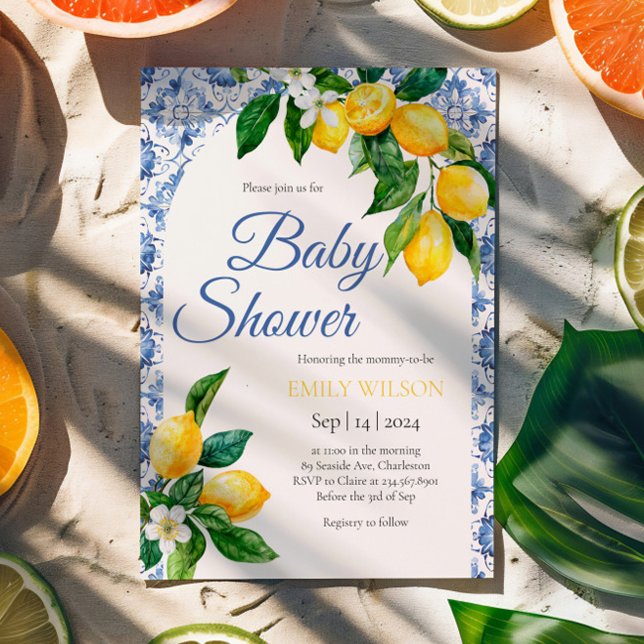 Invitation Carrelage bleu méditerranéen Baby shower citron (Créateur téléchargé)