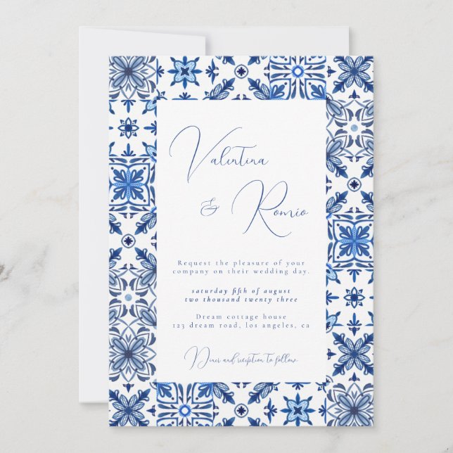 Invitation Carrelage bleu méditerranéen et mariage d'agrumes (Devant)