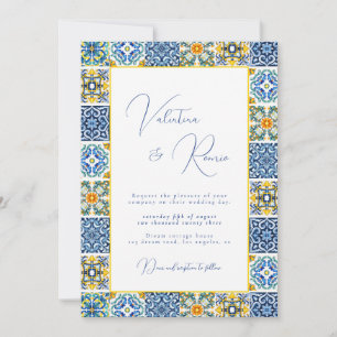 Invitation Carrelage bleu méditerranéen et mariage d'agrumes