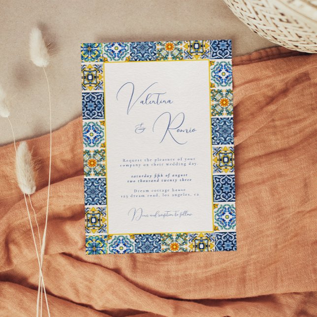 Invitation Carrelage bleu méditerranéen et mariage d'agrumes (Créateur téléchargé)