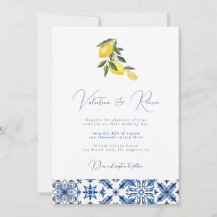 Invitation Carrelage bleu méditerranéen et mariage d'agrumes