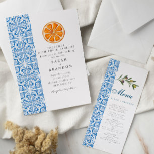 Invitation Carrelage bleu orange aquarelle Mariage méditerran
