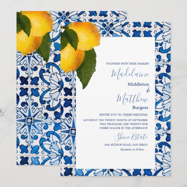 Invitation Carrelage Citron Bleu Mariage Chic Élégant (Devant / Derrière)