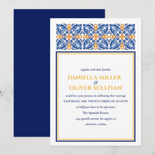 Invitation Carrelage espagnol | Bleu Jaune mariage méditerran (Devant / Derrière)