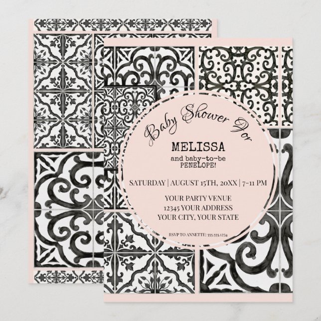 Invitation Carrelage Hacienda Noir Blanc Bleu Baby shower mod (Devant / Derrière)