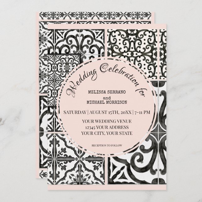 Invitation Carrelage Hacienda Noir Blanc Blush Mariage modern (Devant / Derrière)
