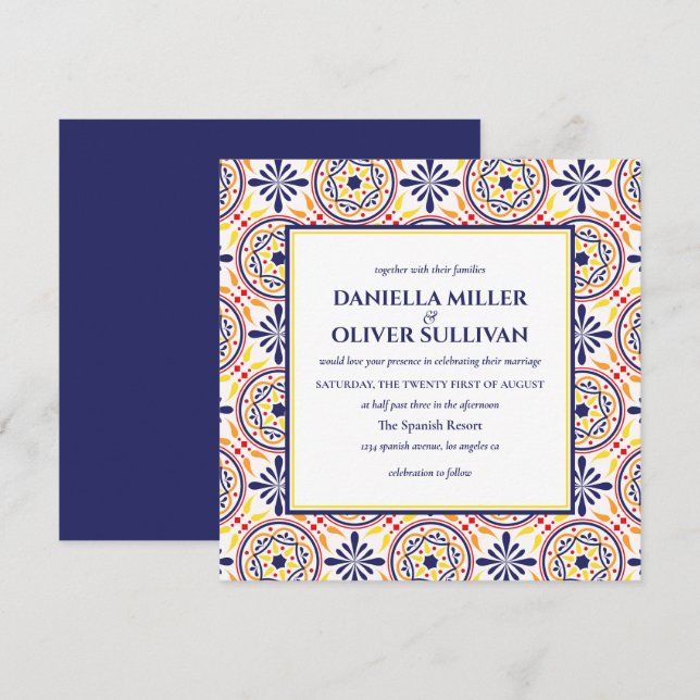 Invitation Carrelage jaune de la marine espagnole mariage méd (Devant / Derrière)