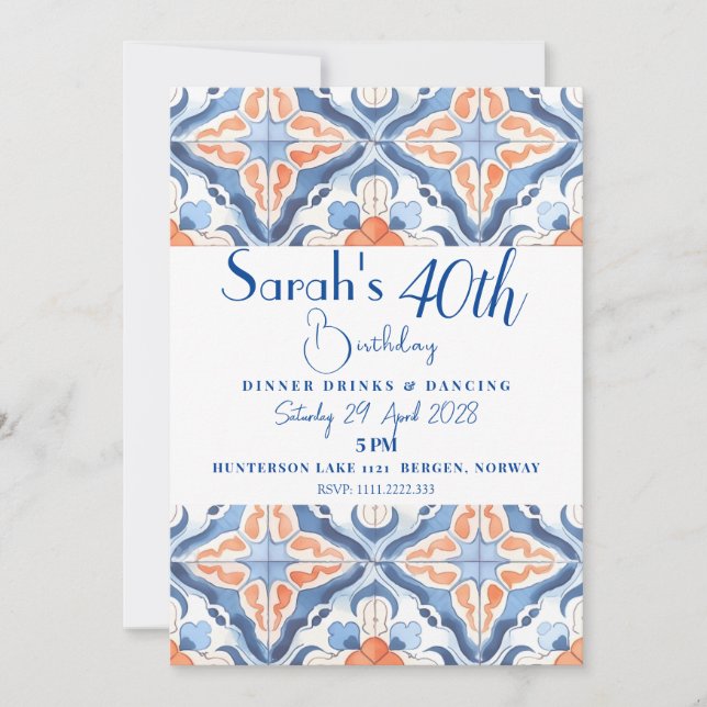 Invitation Carrelage Marocain Rouge Et Bleu Anniversaire (Devant)