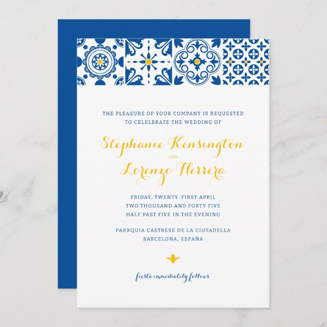 Invitation Carrelage méditerranéen Bleu Jaune Mariage (Devant / Derrière)