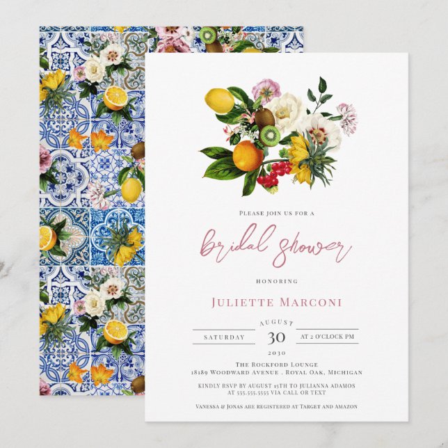 Invitation Carrelage méditerranéen Fête des mariées d'agrumes (Devant / Derrière)