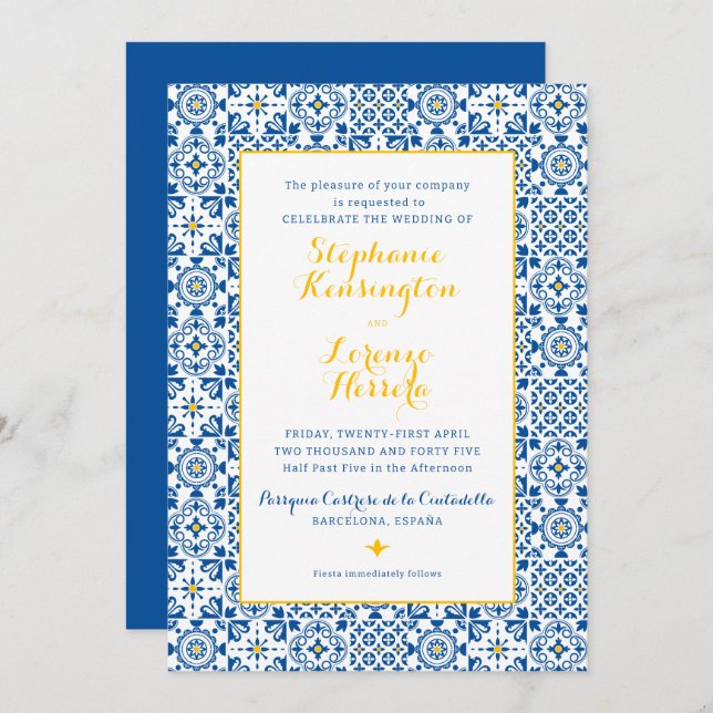 Invitation Carrelage méditerranéen Mariage bleu jaune (Devant / Derrière)