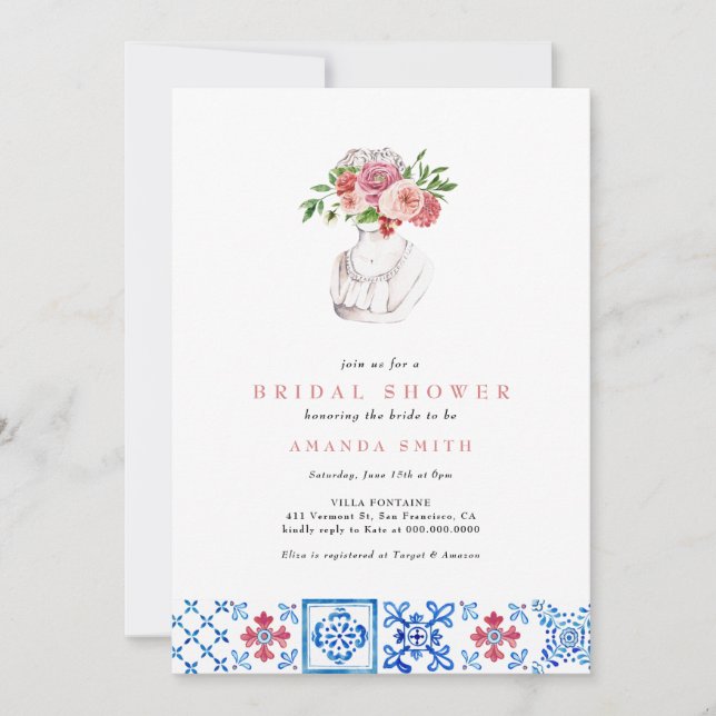 Invitation Carrelage méditerranéen rose Floral Fête des marié (Devant)