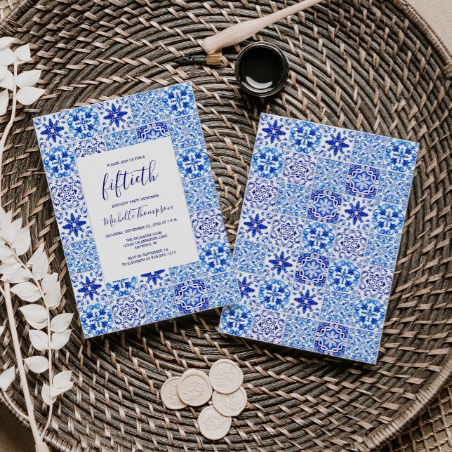 Invitation Carrelage portugais rustique bleu blanc 50e annive (Créateur téléchargé)