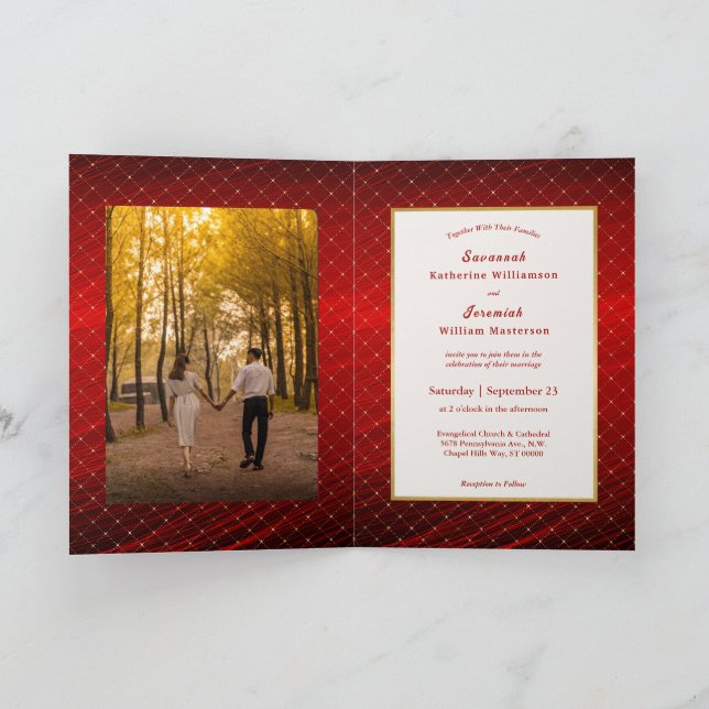 Invitation Carrés rouges et or élégants Porte-documents perso (Intérieur)