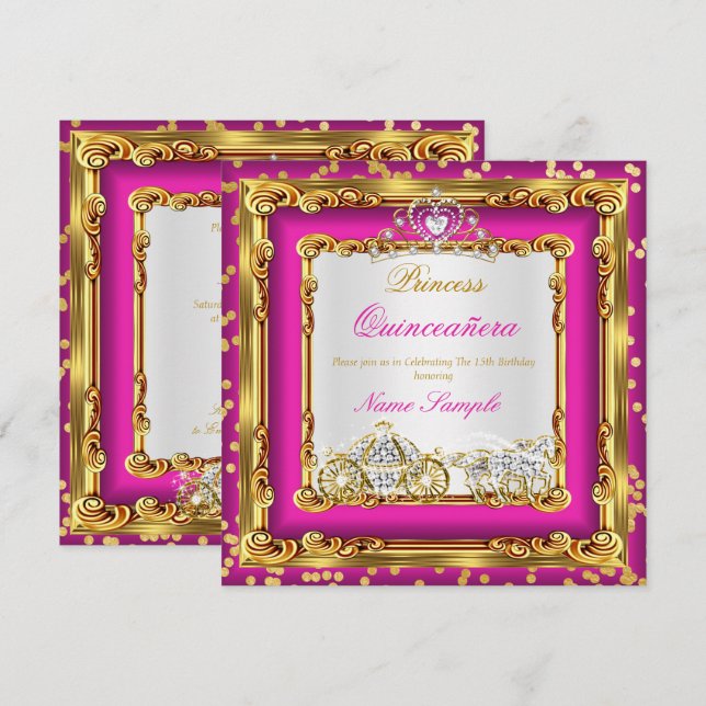 Invitation Carrières de Quinceanera Hot Pink Gold Diamond Hor (Devant / Derrière)