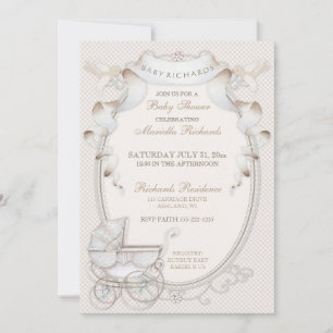 Invitation Carrosse Vintage Crème Gingham Oiseaux