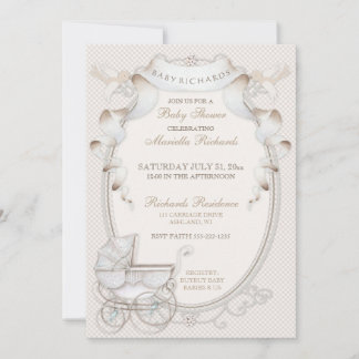 Invitation Carrosse Vintage Crème Gingham Oiseaux
