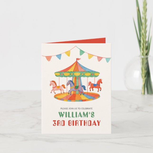 Invitation Carrousel adorable Anniversaire plié (Devant)