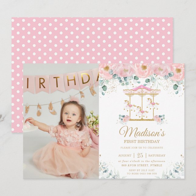 Invitation Carrousel floral rose blanc 1er anniversaire Photo (Devant / Derrière)