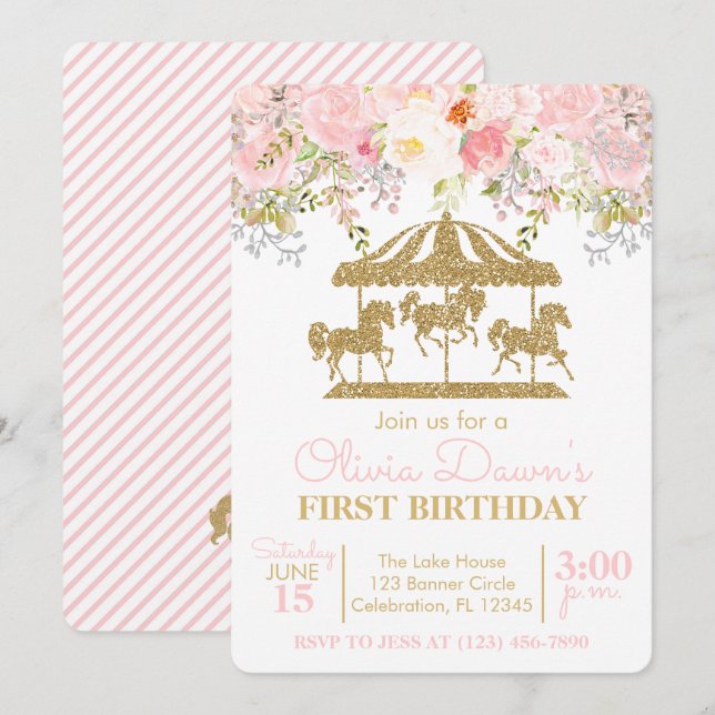 Invitation Carrousel floral rose et or fille Anniversaire (Devant / Derrière)