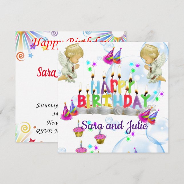 Invitation Carte d'anniversaire Ange Jumeau (Devant / Derrière)