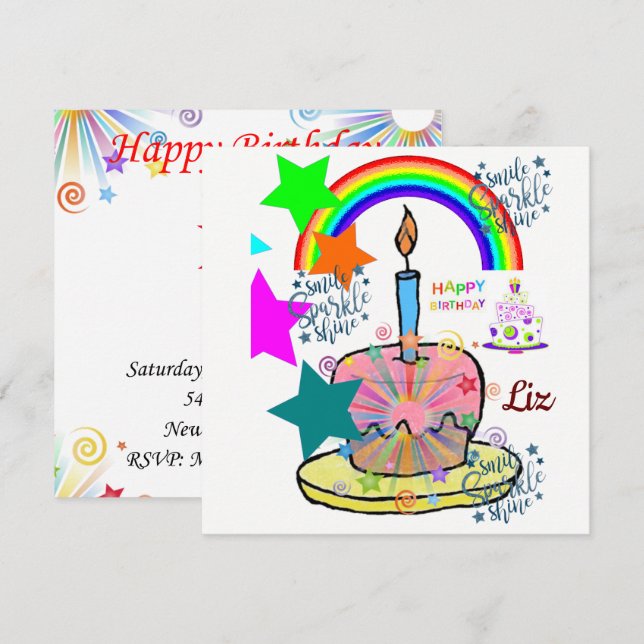Invitation Carte d'anniversaire Arc-en-ciel (Devant / Derrière)