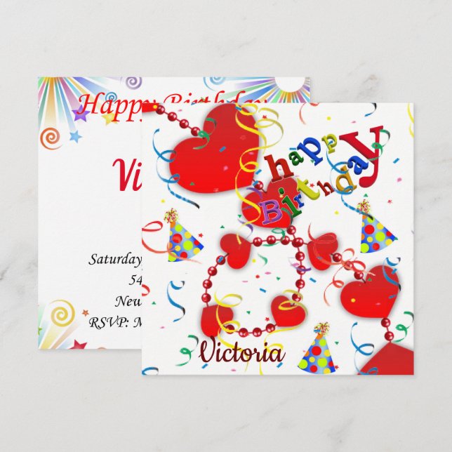 Invitation Carte d'anniversaire Cœurs Rouges (Devant / Derrière)