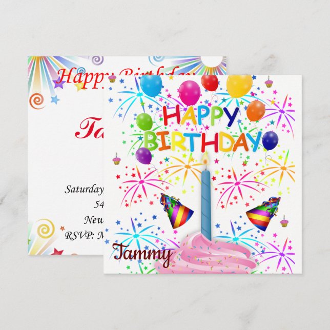 Invitation Carte d'anniversaire Cupcake Rose (Devant / Derrière)