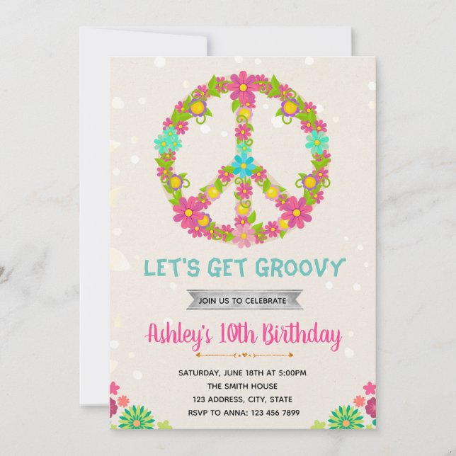 Invitation carte d'anniversaire hippie (Devant)