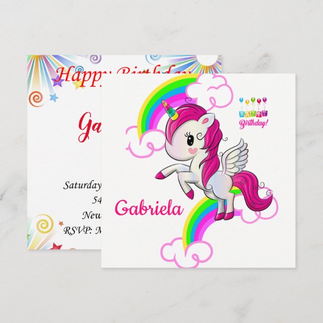 Invitation Carte d'anniversaire Licorne (Devant / Derrière)