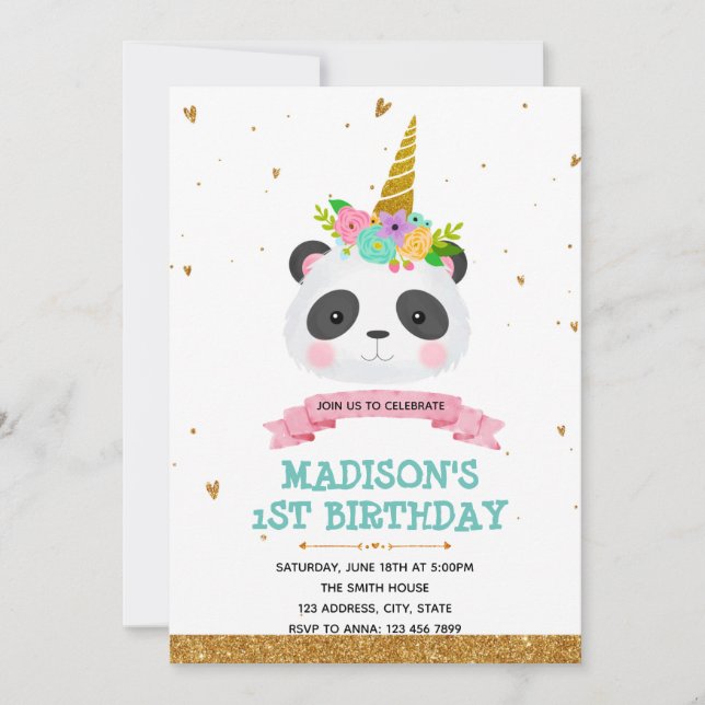 Invitation carte d'anniversaire licorne panda (Devant)