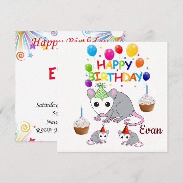 Invitation carte d'anniversaire Possum (Devant / Derrière)