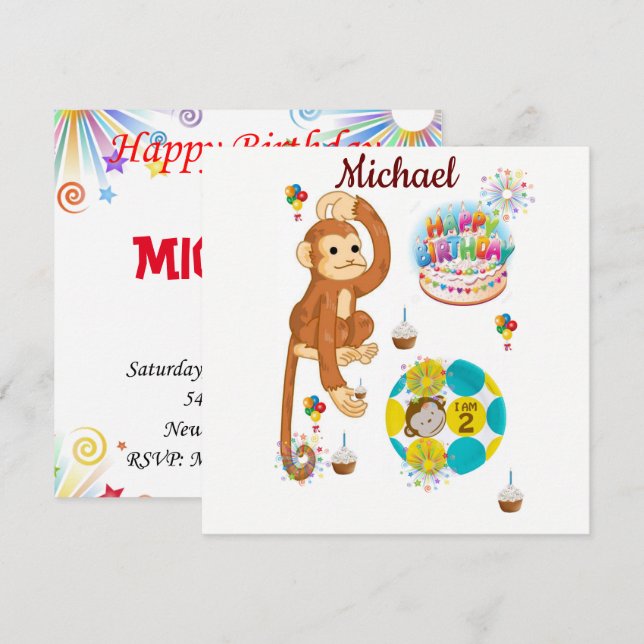 Invitation Carte d'anniversaire Singe Deux Ans (Devant / Derrière)