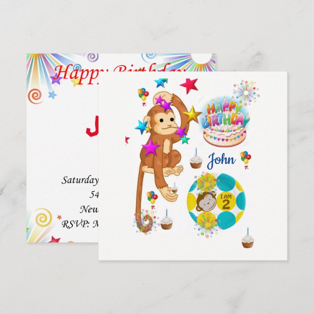 Invitation Carte d'anniversaire Singe Deux Ans (Devant / Derrière)