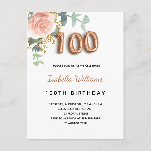 Invitation Carte Postale 100e anniversaire fleuri rose d'or eucalyptus feui (Devant)