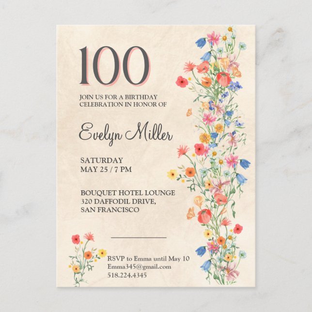 Invitation Carte Postale 100ème anniversaire de floraison - Fleur sauvage é (Devant)