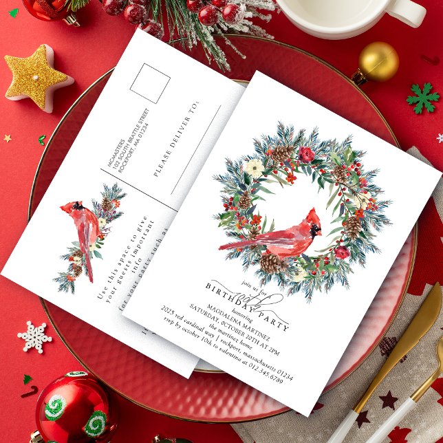 Invitation Carte Postale 100th Birthday Party Red Cardinal Wreath (Créateur téléchargé)