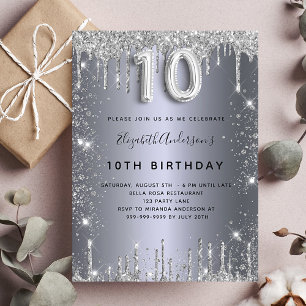 Invitation Carte Postale 10e anniversaire argent métal parties scintillant 